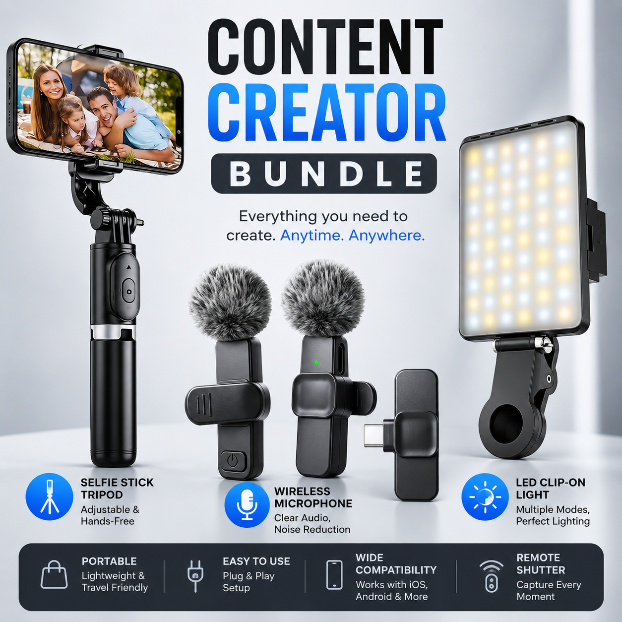 Content Creator Bundle includes: Tripod Selfie Stick, Wireless Microphones (2 pcs), and LED Clip on Light